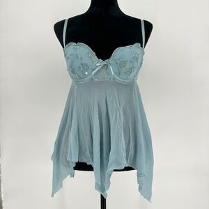 Y2K Victoria Secret Baby Blue Sequin 2Piece Lingerie Asymmetrical Sexy Thong 36C